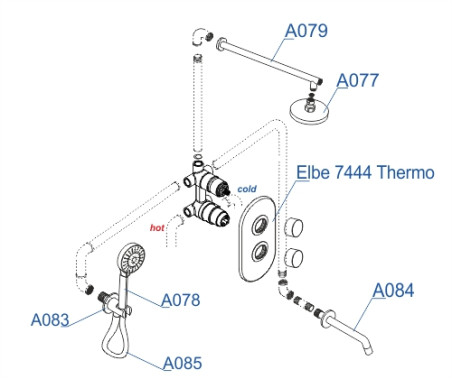 A177477 Thermo Встраиваемый комплект для ванны с верхней душевой насадкой, лейкой и изливом
