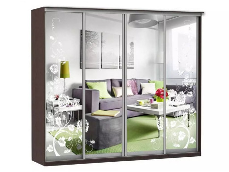 Шкаф купе Модерн 2362х450 4-х дверный 4-х секционный зеркальный с пескоструем №3 венге